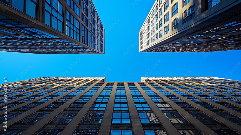 Poster modern office building architecture with blue sky and windows, highlighting the clean lines and soph