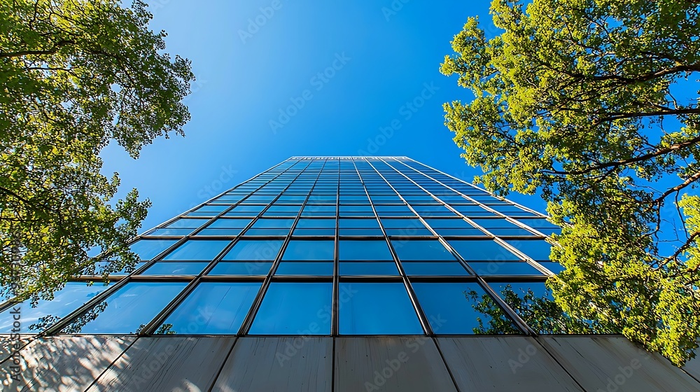 Poster modern glass skyscraper building with tree reflections, blending urban development with the natural 