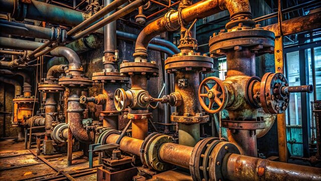 Rusted metal pipes and valves tangled together in a mess of utility infrastructure, industrial plumbing, and worn-out machinery parts in a dimly lit environment.