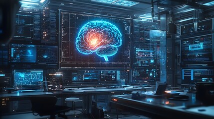 Fototapeta premium Futuristic AI research lab with a human brain hologram on screen, blending cutting-edge technology with the mysteries of the human mind.