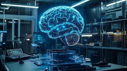 Obraz premium Futuristic brain model in a modern lab setting, artificial intelligence, neural network, technology, representing the intersection of human thought and machine learning.