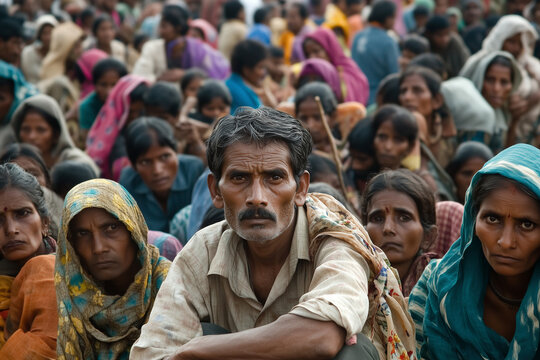 man with a beard sits in a crowd of people. The crowd is mostly women, and they are all wearing colorful scarves. The man looks tired and is looking down at his hands. Scene is somewhat somber