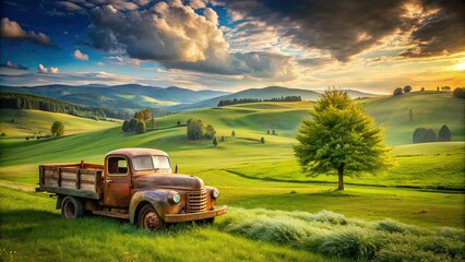 Fototapeta premium Rustic old farm truck parked in a green meadow surrounded by rolling hills, vast sky, and scattered trees, evoking a sense of rural tranquility.