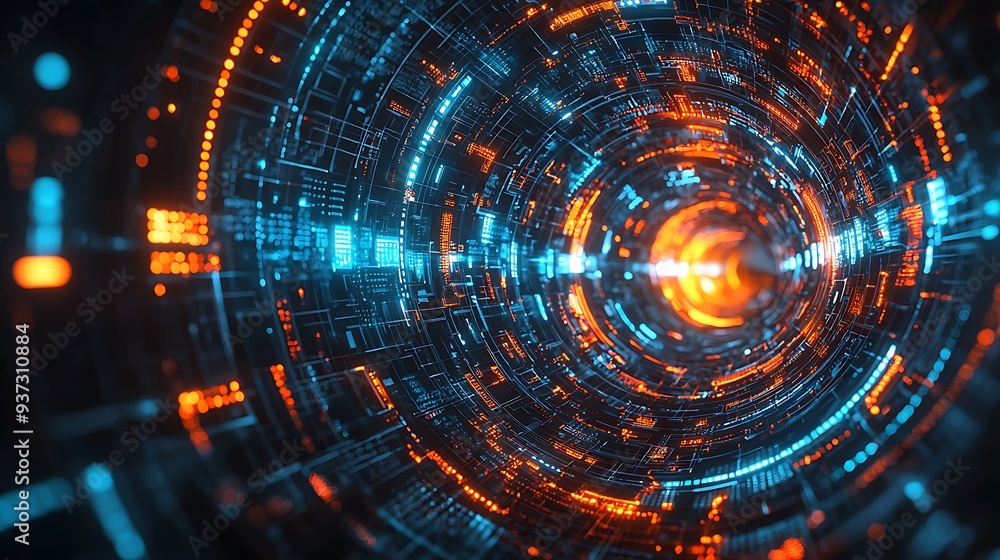 Poster abstract technology background with blue and orange lights, blending vibrant colors with the complex