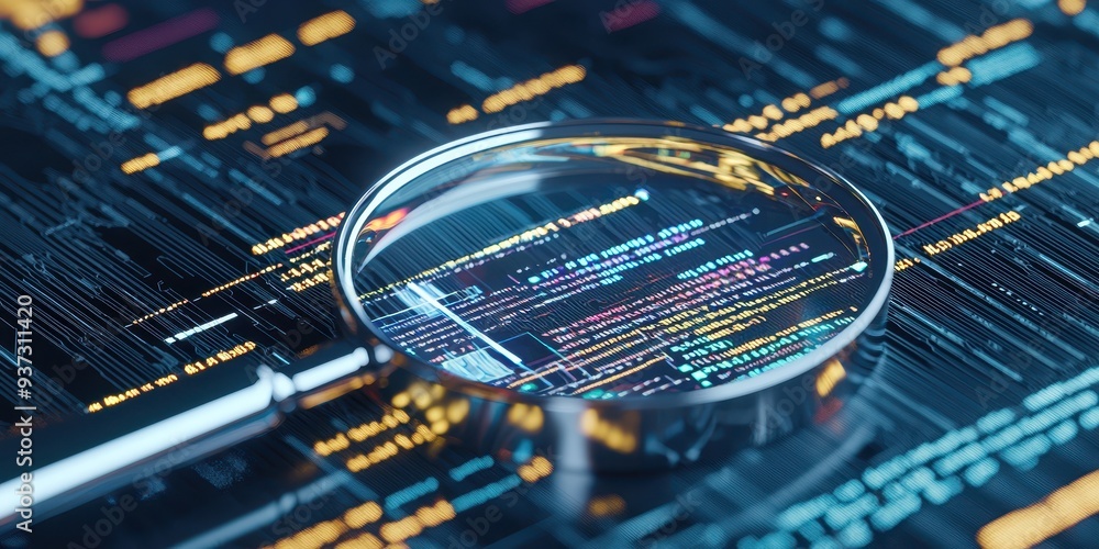 Poster magnifying glass over digital code with glowing lines and numbers