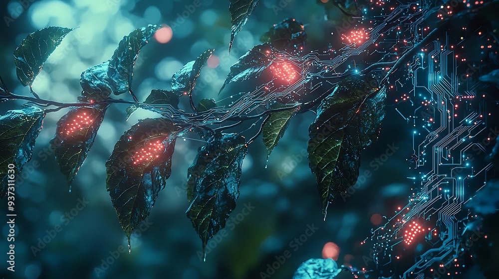 Poster nature and technology, futuristic green leaves with circuit board pattern and glowing lights, repres