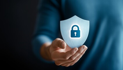 A businessman holds a shield with a padlock icon