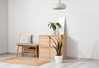 Wooden cabinet with houseplants and bench near white wall