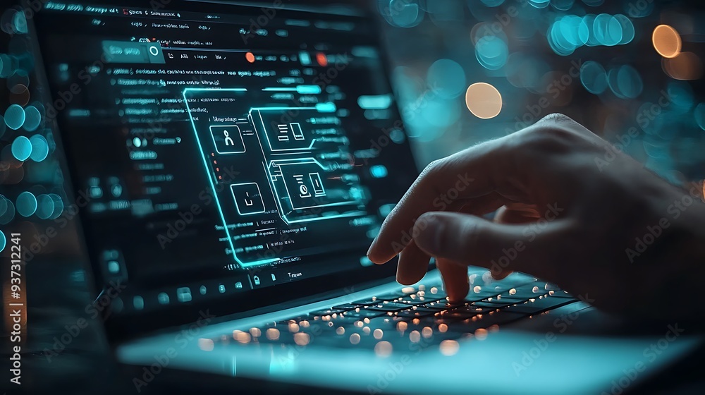 Poster hacker typing on a laptop with blue neon interface and bokeh lights, illustrating the dark and myste