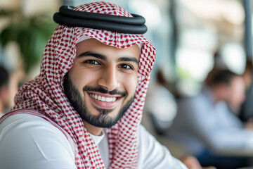 smiling man wearing a red and white scarf. He is smiling and looking at the camera. Concept of happiness and warmth