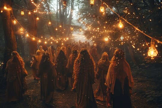 Fantasy costume party, guests as mythical creatures, enchanted forest setting, glowing fairy lights, Fantasy,