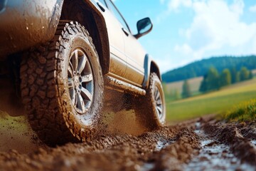 A close-up shot of the tire on an off-road vehicle