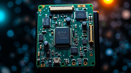 Fototapeta premium This close-up showcases an electronic circuit board filled with distinct components, traces, and connectors illuminated by soft ambient lighting in a dark environment