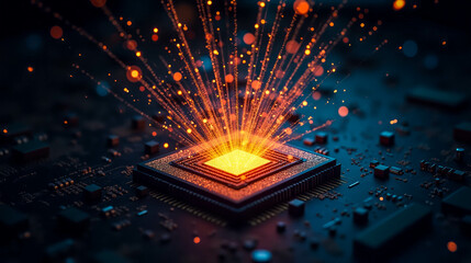 Electric sparks burst forth from a central processing unit on a circuit board, illuminating the surrounding dark space with vibrant orange and yellow light, creating a striking contrast