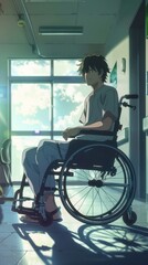 A young man in a wheelchair enjoys a moment of tranquility in a bright hallway, gazing thoughtfully out a window