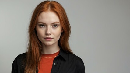 Obraz premium teen stunning red hair white woman with black shirt model portrait standing straight on a plain white background for ad concept space for text