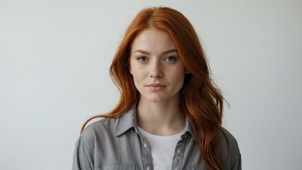 Fototapeta premium teen stunning red hair white woman with gray shirt model portrait standing straight on a plain white background for ad concept space for text