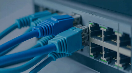 Multiple blue Ethernet cables are plugged into a network switch, highlighting the connections essential for data transfer and internet connectivity in a modern office environment