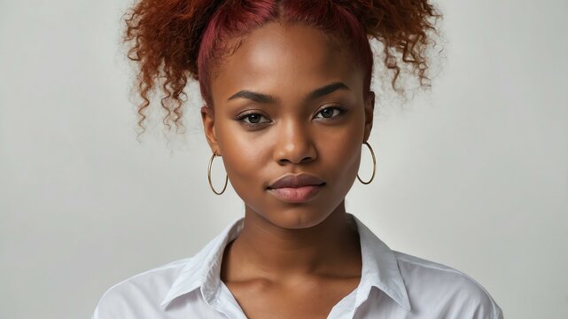 teen stunning red hair subsaharan african woman with white shirt model portrait standing straight on a plain white background for ad concept space for text