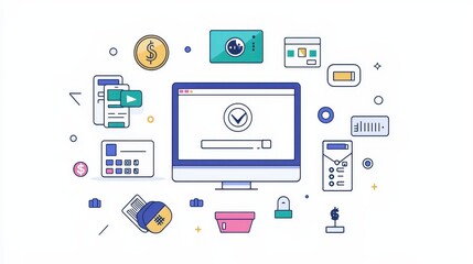 Online Payment Confirmation with Computer and Icons
