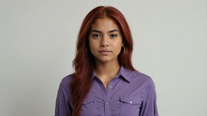 Obraz premium teen stunning red hair hispanic woman with purple shirt model portrait standing straight on a plain white background for ad concept space for text