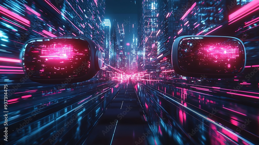 Poster futuristic cityscape with neon lights and glowing objects, blending the vibrant hues of neon with th