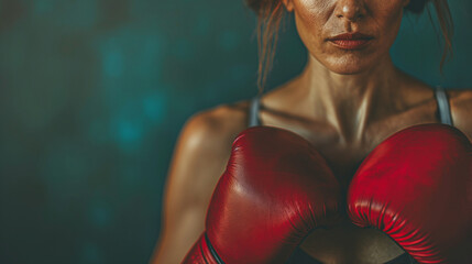 Woman in Boxing Gloves with Inspirational Quote: A woman in boxing gloves paired with an empowering quote, highlighting her strength and resilience, with copy space