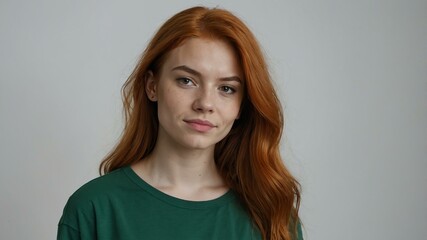 Fototapeta premium teen stunning red hair european woman with green shirt model portrait standing straight on a plain white background for ad concept space for text