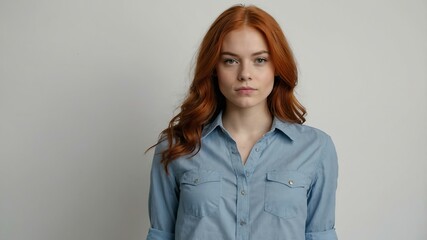 Obraz premium teen stunning red hair european woman with blue shirt model portrait standing straight on a plain white background for ad concept space for text