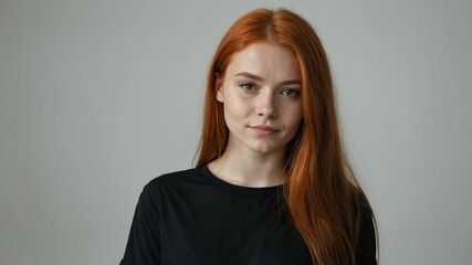 Obraz premium teen stunning red hair european woman with black shirt model portrait standing straight on a plain white background for ad concept space for text