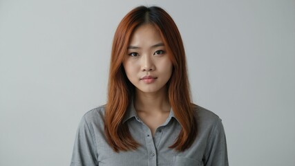 Obraz premium teen stunning red hair east asian woman with gray shirt model portrait standing straight on a plain white background for ad concept space for text