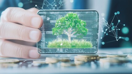 Obraz premium Hand Holding Smartphone with Green Tree and Digital Network Connection on Screen