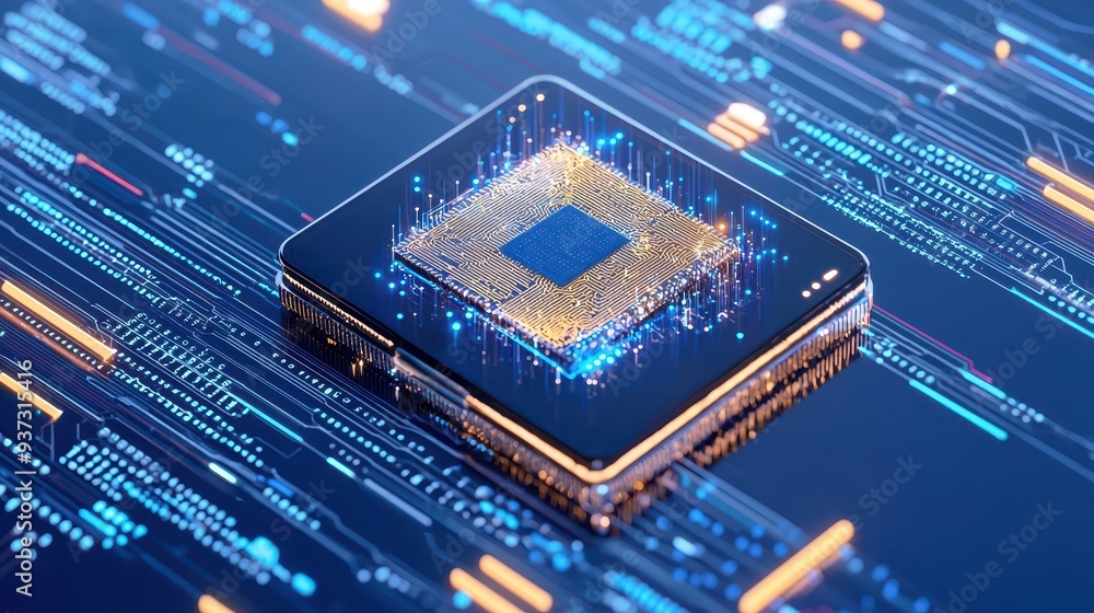 Poster cpu processor chip on circuit board with glowing lines
