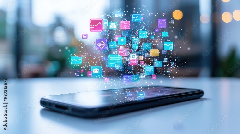 Aufkleber smartphone with colorful app icons and digital data hologram
