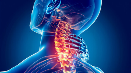 Painful neck ,Pain in the spine injury in the neck, inflammation, medical and healthcare concept.