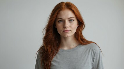 Fototapeta premium teen stunning red hair american woman with gray shirt model portrait standing straight on a plain white background for ad concept space for text