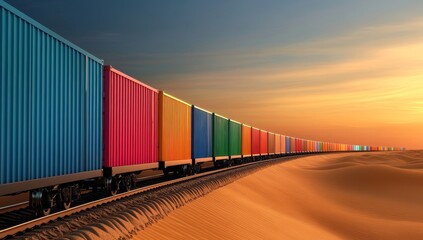 Fototapeta premium A freight train with colorful containers is driving through the desert, with mountains in the background