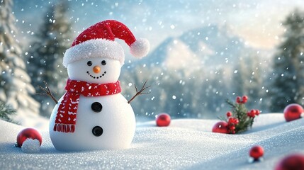 Fototapeta premium Merry Christmas and Happy New Year greeting card with a happy snowman in a winter landscape, designed with plenty of snow background