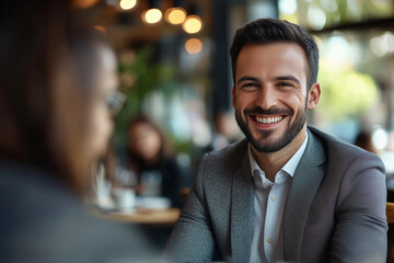 Obraz premium man in a suit is smiling and sitting at a table with a cup in front of him