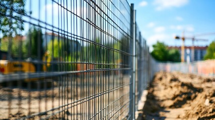 Metal barricade fence with a reflective surface, placed along a construction site, copy space, High quality, + --ar 16:9 --v 6.1 Job ID: 9dd22f2d-bba2-47a8-9ada-9fbe9e266aca