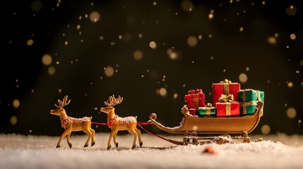 Fototapeta premium Festive reindeer figurines pulling a sleigh filled with colorful present boxes creating a cozy and magical winter scene perfect for holiday and seasonal greetings