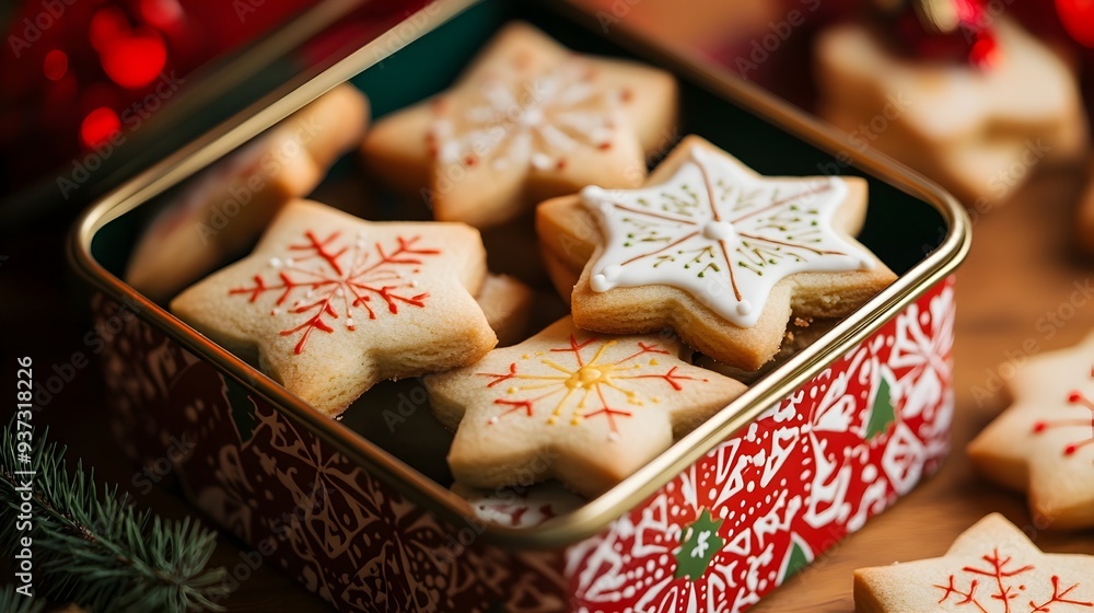 Poster a photograph of christmas cookies in a tin decorated with festive patterns colors and textures creat