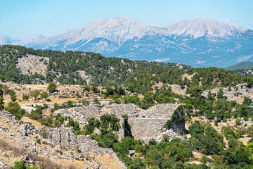 The scenic views of the ancient theater of Selge, which was an important city in ancient Pisidia and later in Pamphylia, on the slope of Mount Taurus, Antalya, Turkey