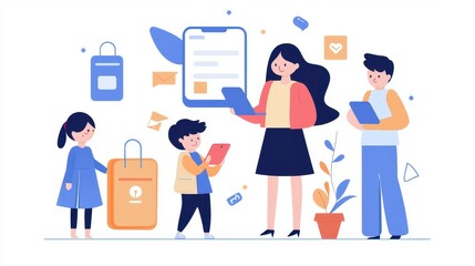 Family Shopping Online with Mobile Devices  Illustration