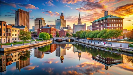 Fototapeta premium Serene morning scene of Providence River flowing through downtown Providence, Rhode Island, with city skyline and historic buildings reflected in calm waters.