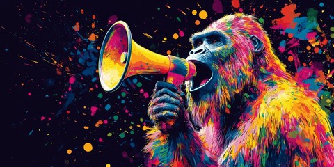 Cool Bigfoot Gorilla with Megaphone: Pop Art Marketing Concept. Abstract AI-Generated Banner Featuring Creative Animal Character. Playful and Impactful Design for Advertising Campaigns. Minimalist Com