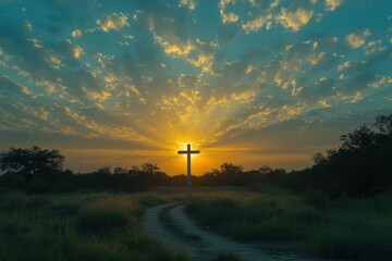 Obraz premium Sunrise with radiant light illuminating a cross, warm sky, spiritual and peaceful atmosphere