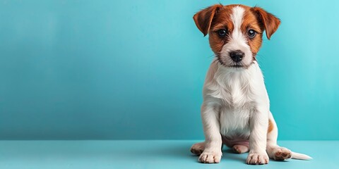 Adorable puppy sitting against a vibrant blue background, showcasing its playful nature and expressive eyes.