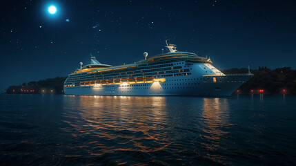 A beautifully illuminated cruise ship on a serene night at sea, ideal for promoting travel and vacation experiences.