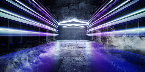 Smoke Fog Hangar Cyber Technology Sci Fi Futuristic Tunnel Corridor Cement Concrete Grunge Underground Basement Laser Neon Glowing Empty Space Showroom Background Graphic 3D Rendering